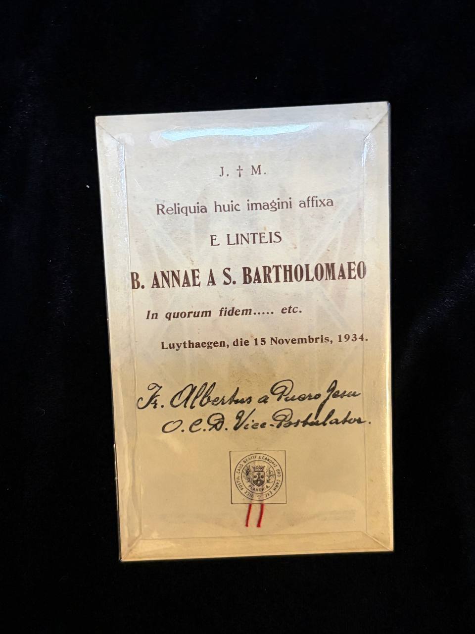 Blessed Anna of Saint Bartholomew Relic Card – Ex Linteis, 1934