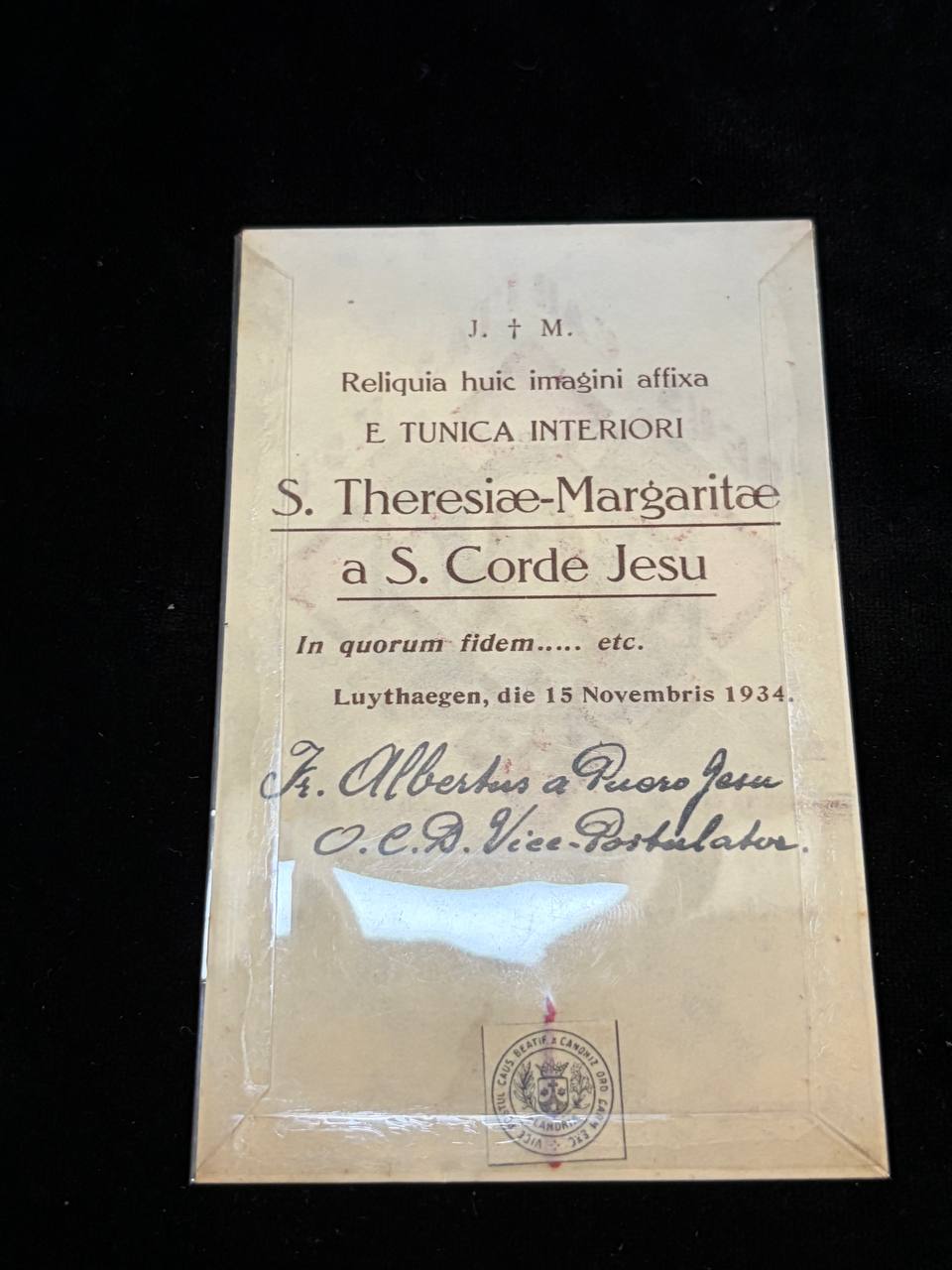 Saint Teresa Margaret of the Sacred Heart Relic Card – Ex Tunica Interiori, 1934