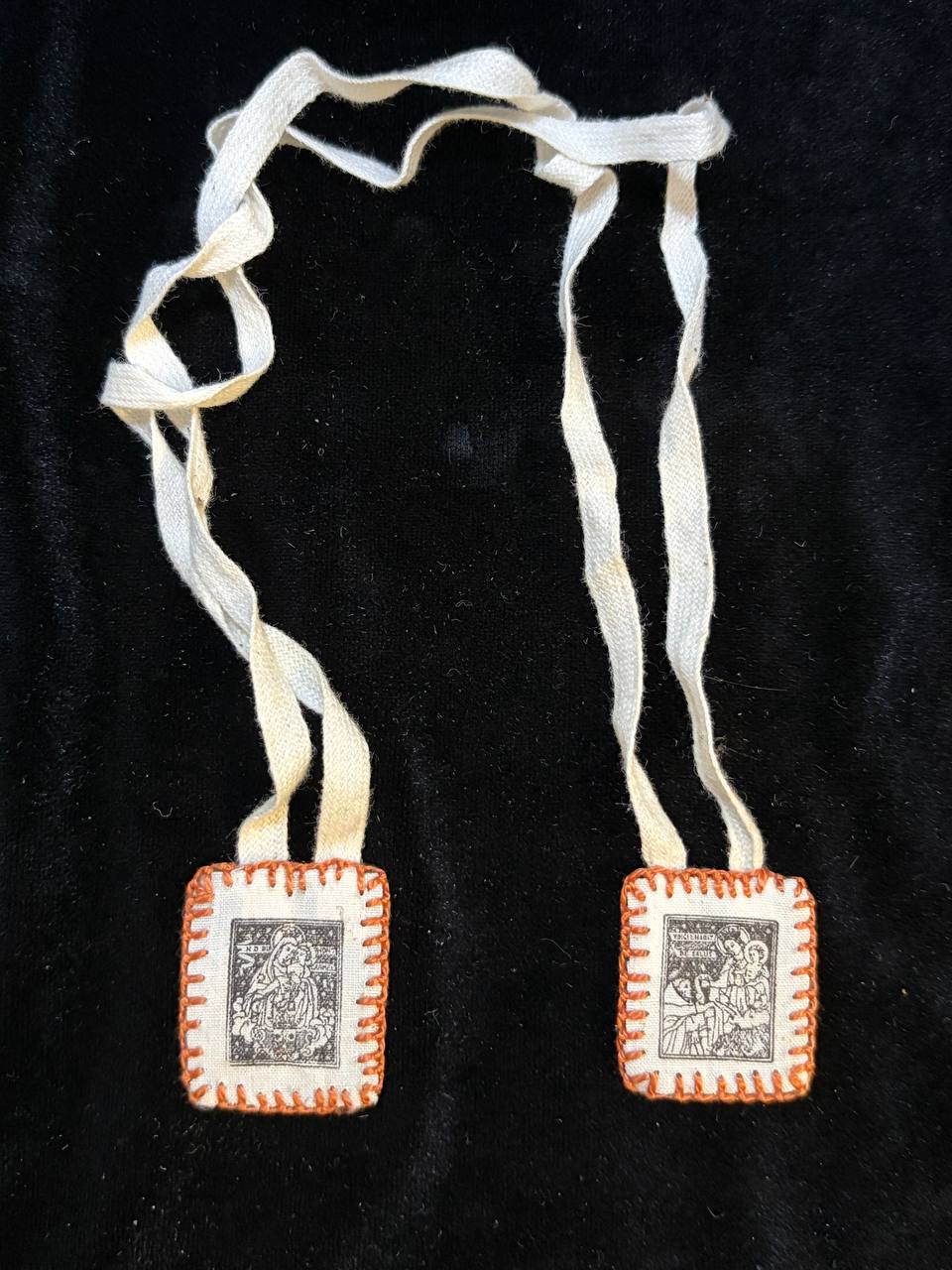 Vintage Catholic Scapular – Sacred Devotional Cloth Medallions with Religious Images