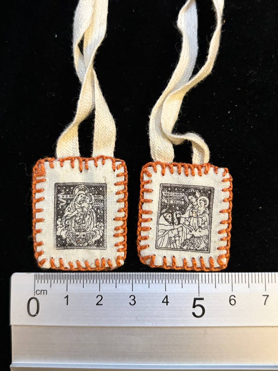 Vintage Catholic Scapular – Sacred Devotional Cloth Medallions with Religious Images