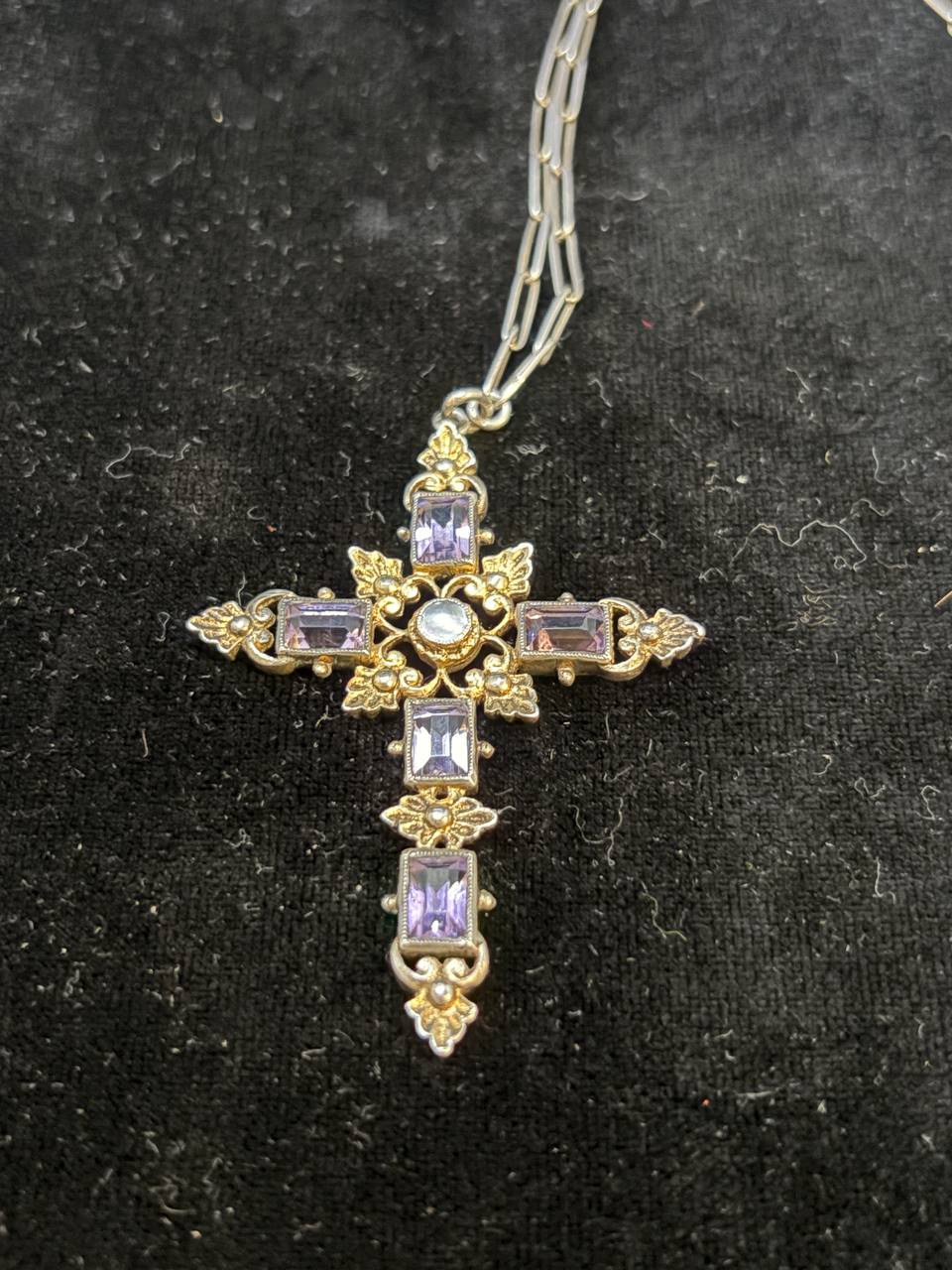 925 Sterling Silver Cross Pendant – Amethyst-Coloured Stones & Gold-Tone Details | 13g