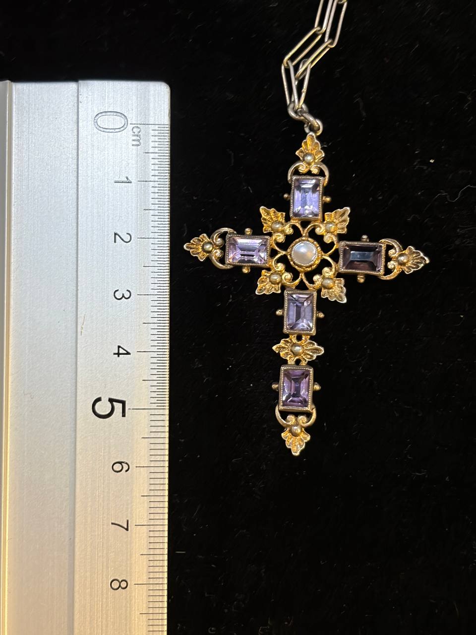 925 Sterling Silver Cross Pendant – Amethyst-Coloured Stones & Gold-Tone Details | 13g