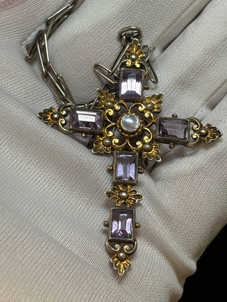 925 Sterling Silver Cross Pendant – Amethyst-Coloured Stones & Gold-Tone Details | 13g
