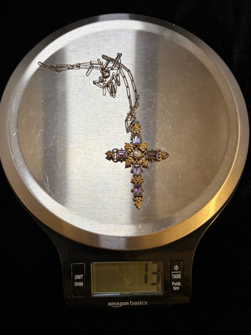 925 Sterling Silver Cross Pendant – Amethyst-Coloured Stones & Gold-Tone Details | 13g