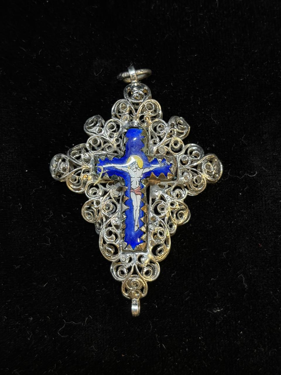 Vintage 925 Sterling Silver Enamel Cross Pendant – Hand-Painted Crucifix & Ornate Filigree