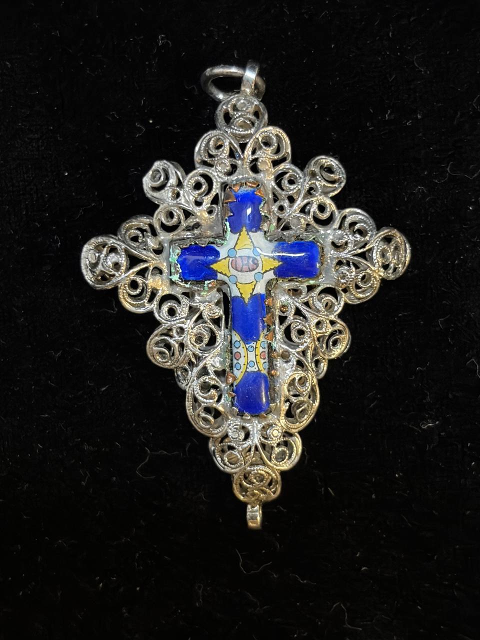 Vintage 925 Sterling Silver Enamel Cross Pendant – Hand-Painted Crucifix & Ornate Filigree