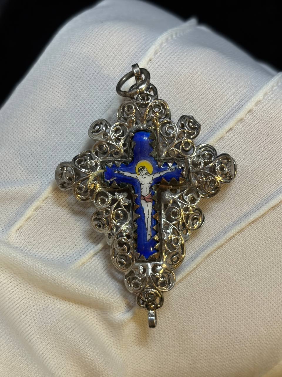 Vintage 925 Sterling Silver Enamel Cross Pendant – Hand-Painted Crucifix & Ornate Filigree