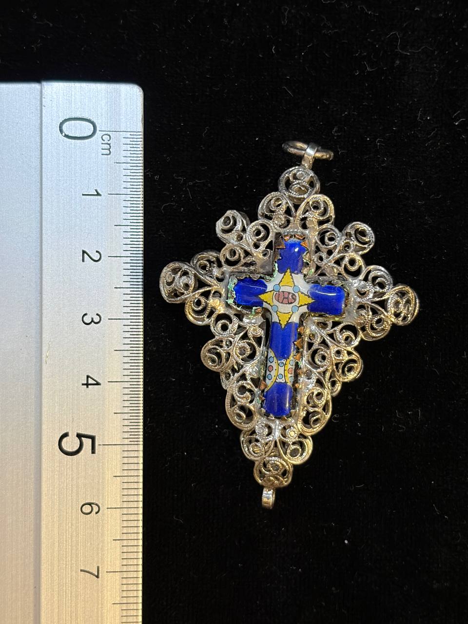 Vintage 925 Sterling Silver Enamel Cross Pendant – Hand-Painted Crucifix & Ornate Filigree
