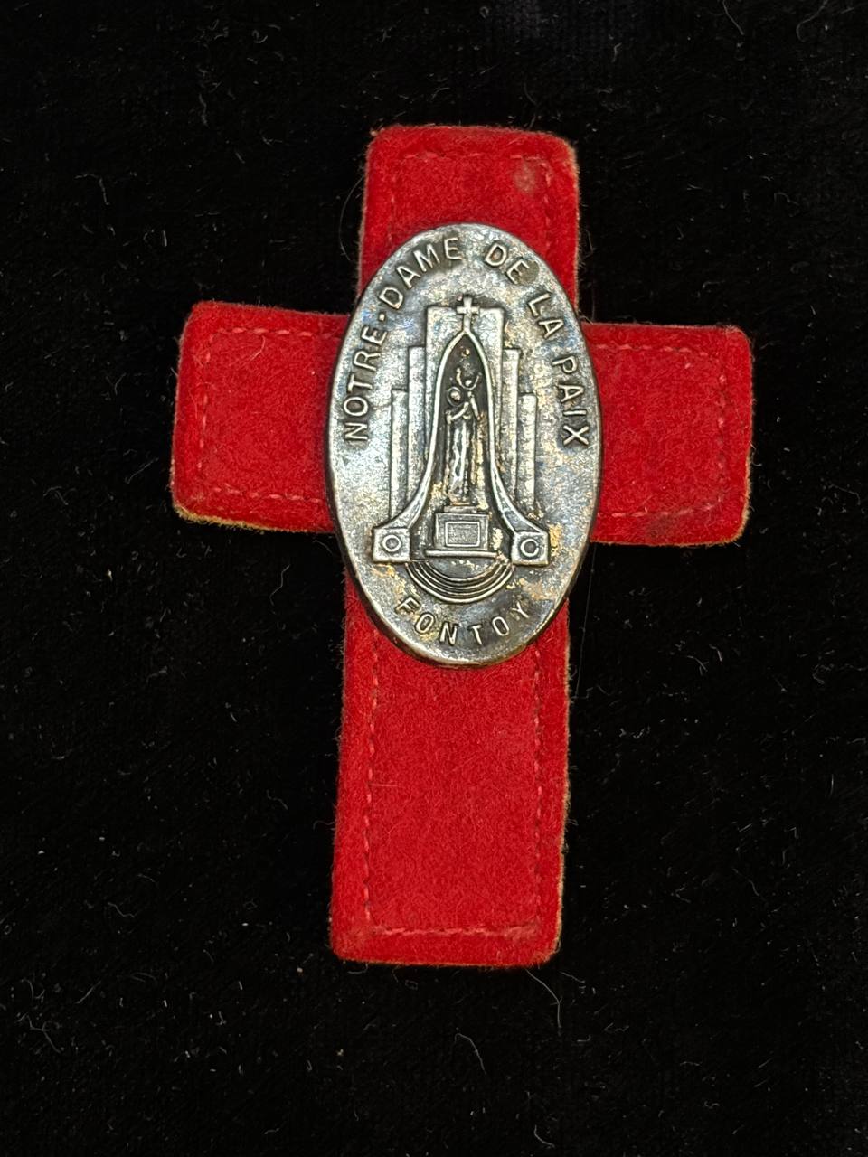 Vintage Notre-Dame de la Paix Religious Brooch – French Catholic Devotional Badge on Red Cross