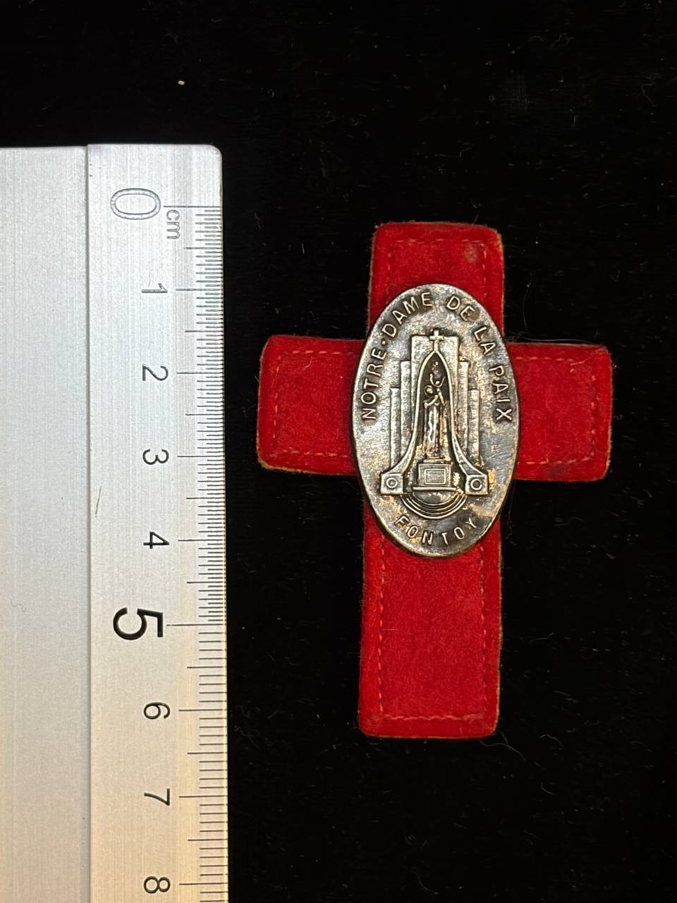 Vintage Notre-Dame de la Paix Religious Brooch – French Catholic Devotional Badge on Red Cross