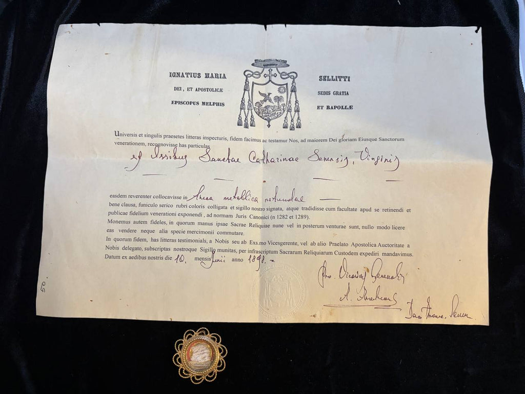 Rare Antique Relic of Saint Catherine of Siena | 19th-Century Reliquary & Episcopal Authentication