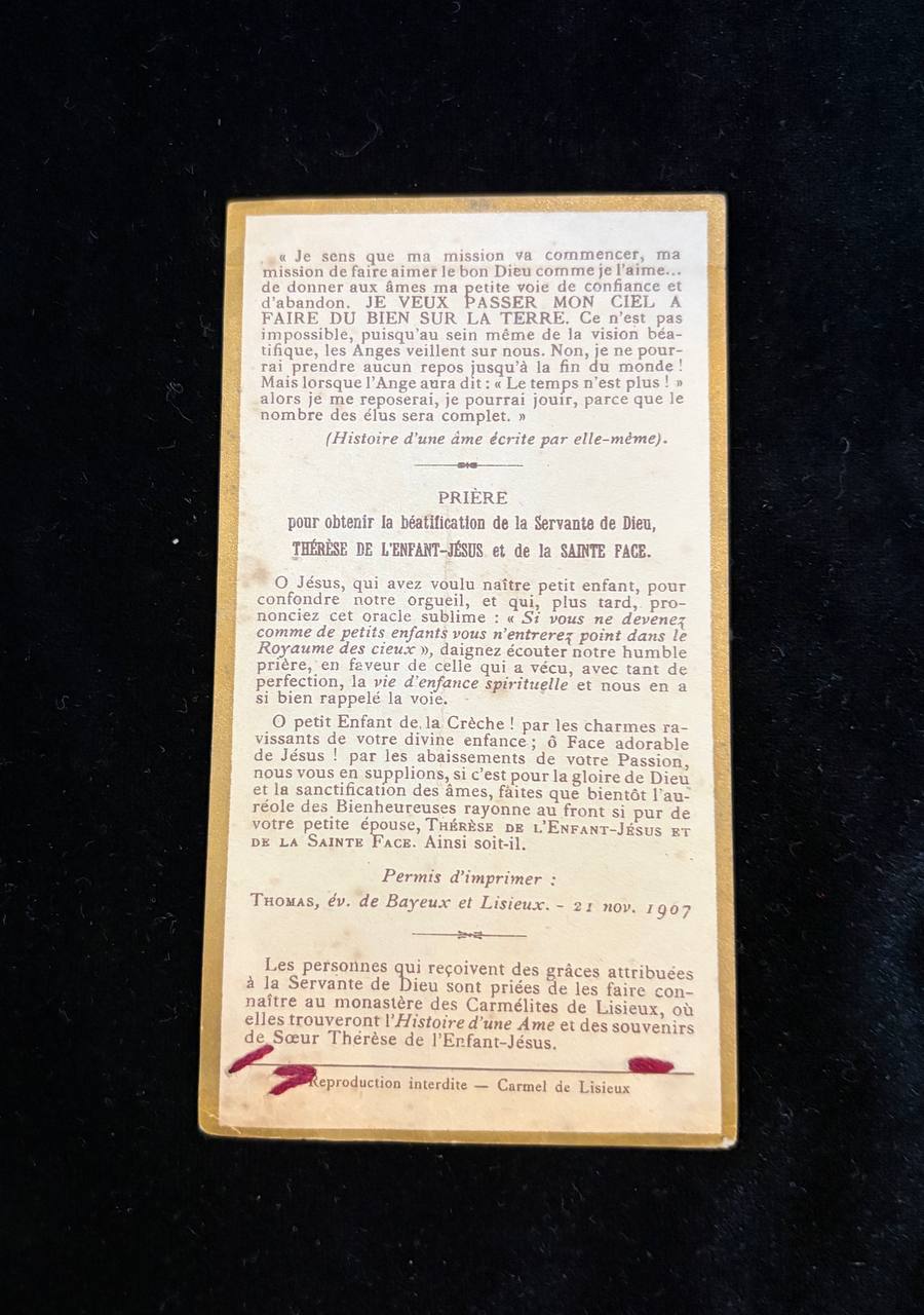 Rare 1907 Saint Thérèse of Lisieux Contact Relic | Original Relic Cloth & Carmelite Seal