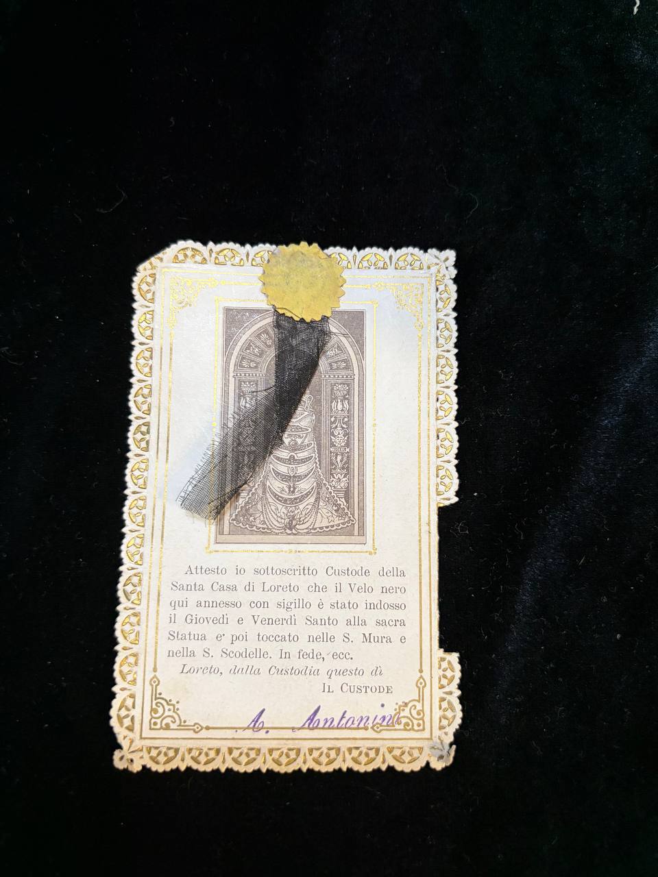Antique Relic of the Black Veil of Our Lady of Loreto | Original Sealed Textile Relic | Santa Casa di Loreto