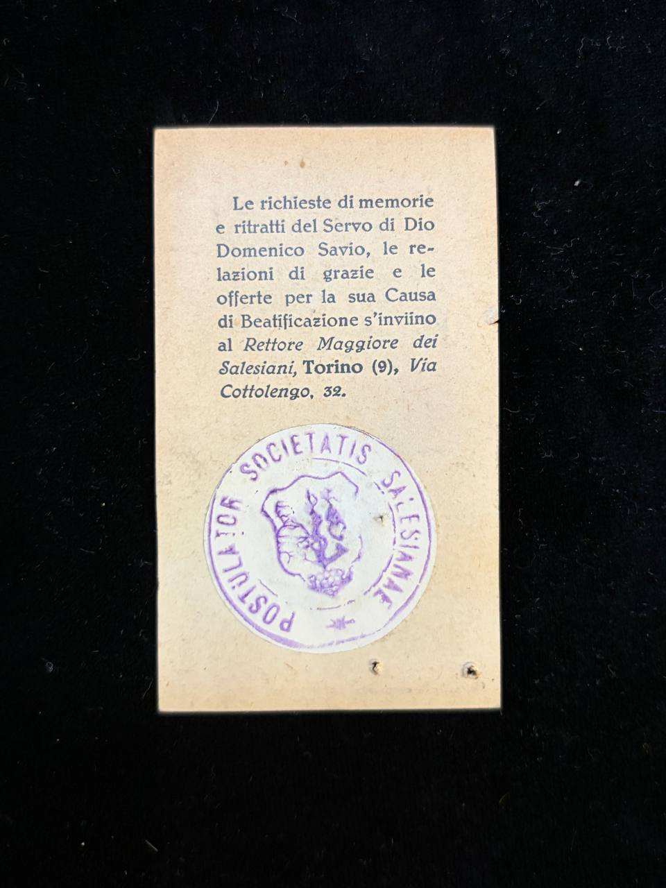 Rare Relic of Servant of God Dominic Savio | Ex Capsa Sepulcri | Salesian Catholic Relic Card