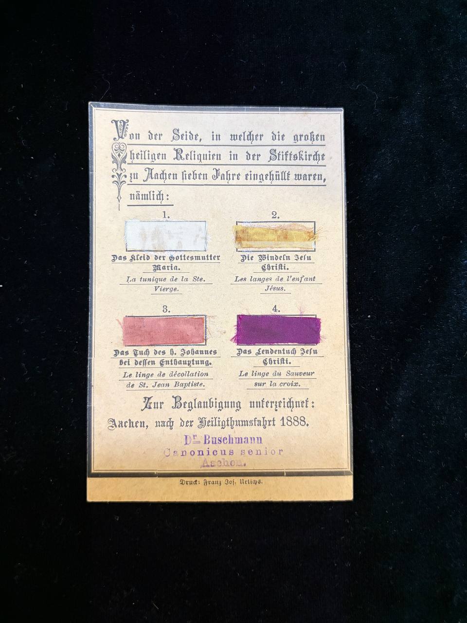 Rare 1888 Aachen Holy Relics Silk Card | Four Relic Textile Fragments | Heiligtumsfahrt Aachen