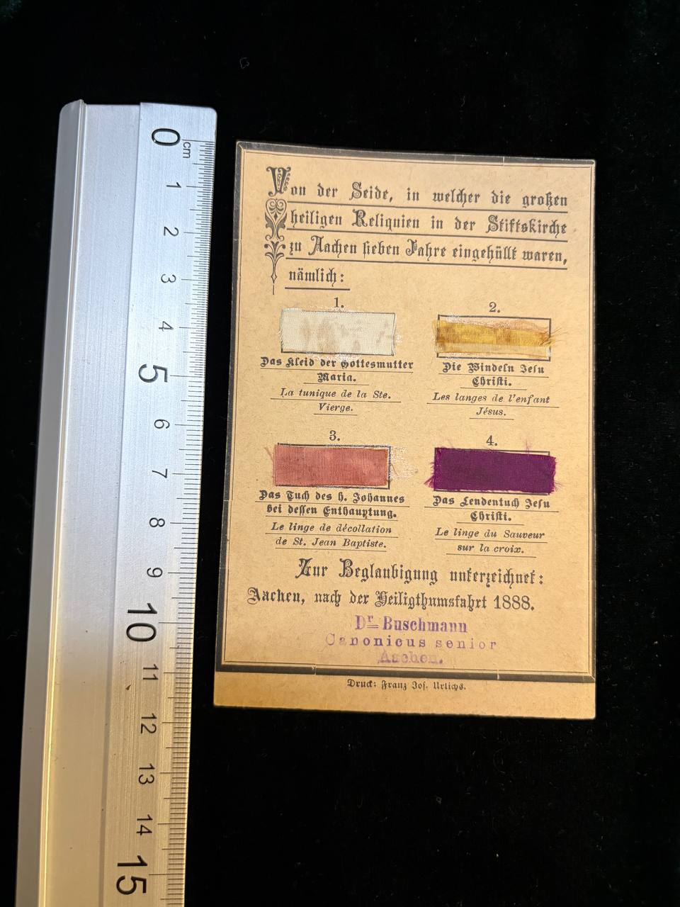 Rare 1888 Aachen Holy Relics Silk Card | Four Relic Textile Fragments | Heiligtumsfahrt Aachen