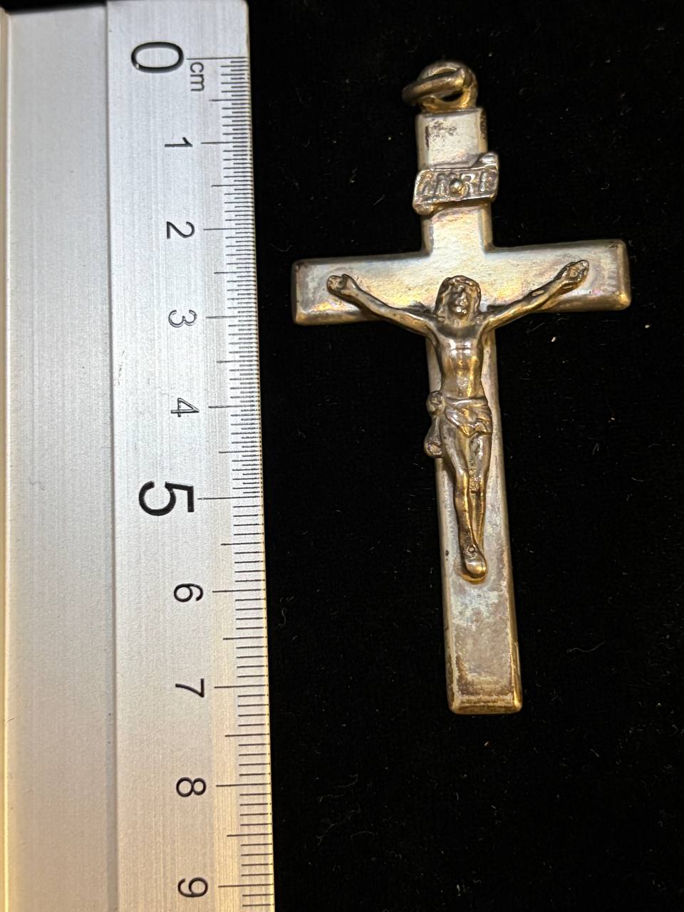 Vintage Catholic Crucifix Pendant, INRI Cross with Gilt Corpus, Religious Medal – photo 4