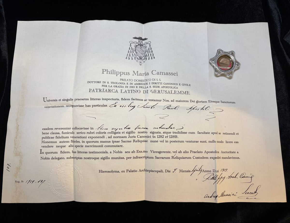 1919 Latin Patriarchate of Jerusalem certificate of Patriarch Philippus Camassei for the Saint Paul the Apostle relic, with the theca