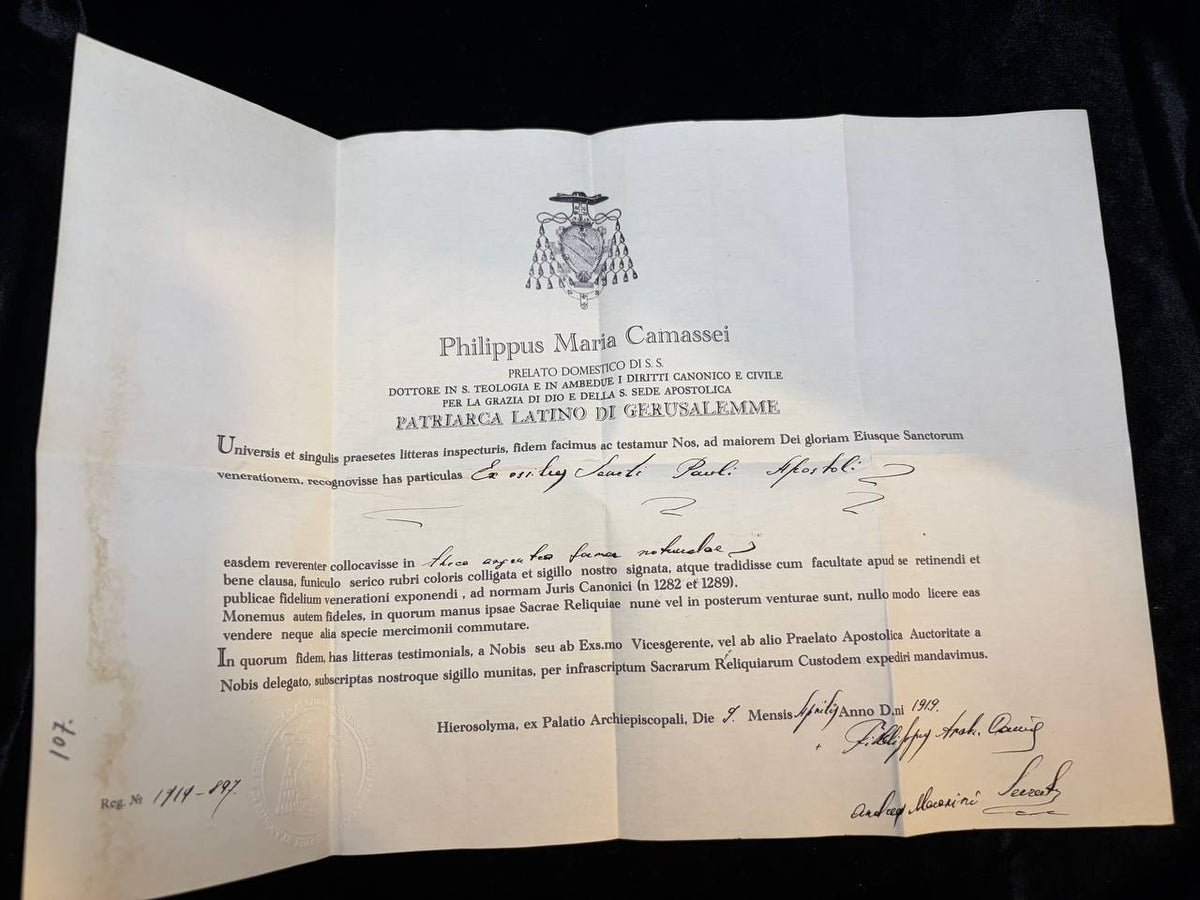 1919 Latin Patriarchate of Jerusalem certificate of Patriarch Philippus Camassei for the Saint Paul the Apostle relic, full document