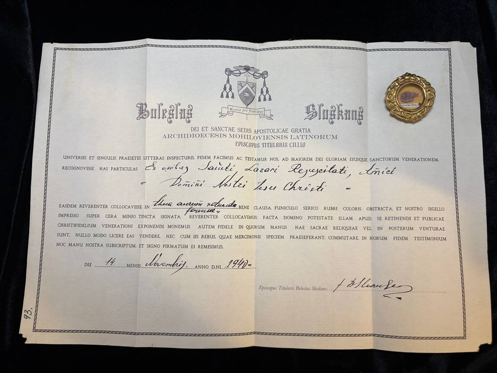 1940 episcopal certificate for the Saint Lazarus of Bethany relic, with the theca
