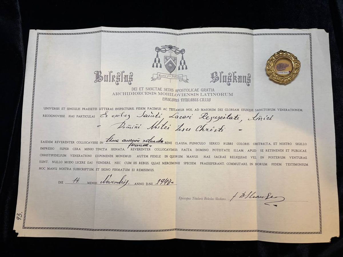 1940 episcopal certificate for the Saint Lazarus of Bethany relic, with the theca