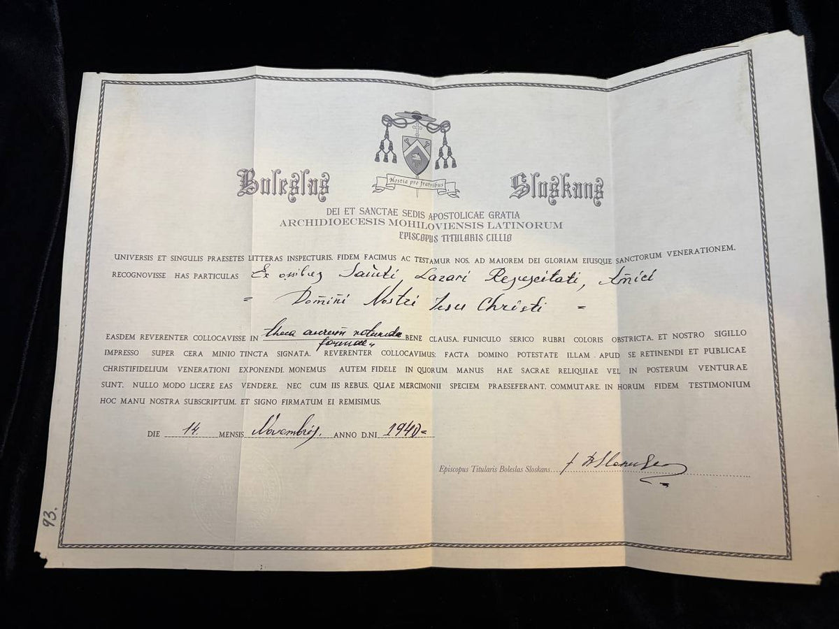 1940 episcopal certificate for the Saint Lazarus of Bethany relic, full document