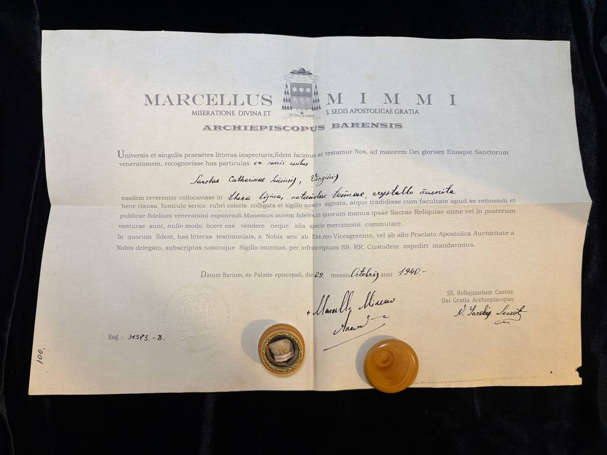 1940 ecclesiastical certificate of Archbishop Marcellus Mimmi of Bari for the Saint Catherine of Siena relic, with the wooden theca
