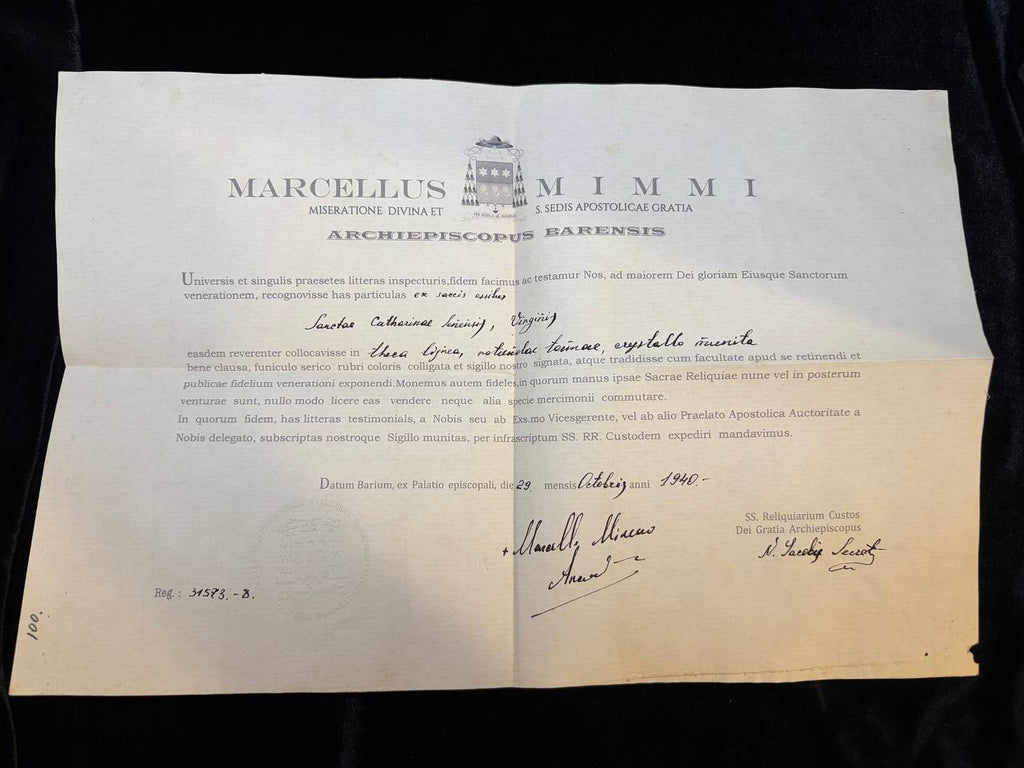 1940 ecclesiastical certificate of Archbishop Marcellus Mimmi of Bari for the Saint Catherine of Siena relic, full document