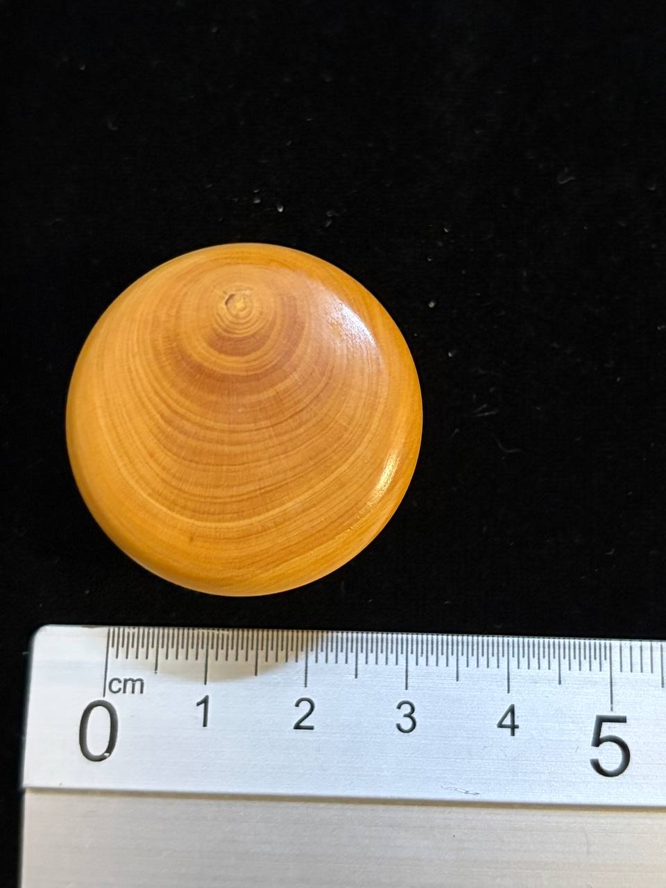 Saint Catherine of Siena wooden theca next to a ruler, about 3.5 cm across