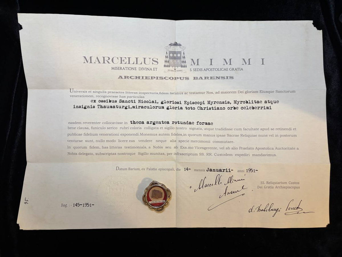 1951 ecclesiastical certificate of Archbishop Marcellus Mimmi of Bari for the Saint Nicholas relic, with the theca