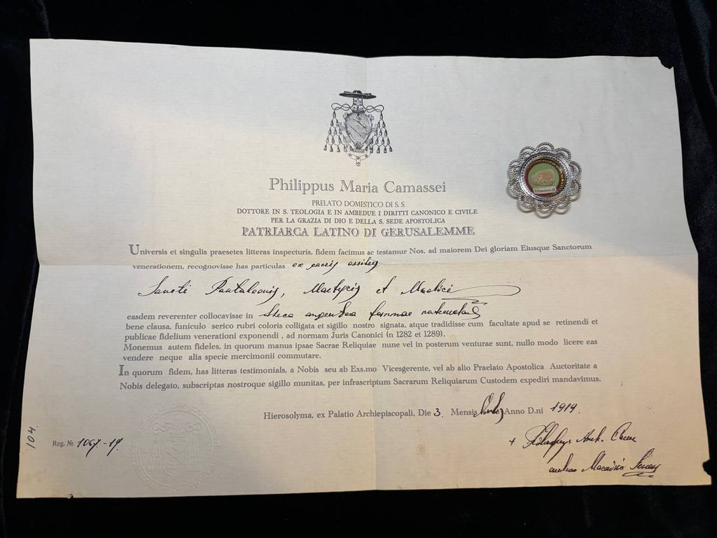 1919 Latin Patriarchate of Jerusalem certificate of Patriarch Philippus Camassei for the Saint Pantaleon relic, with the theca