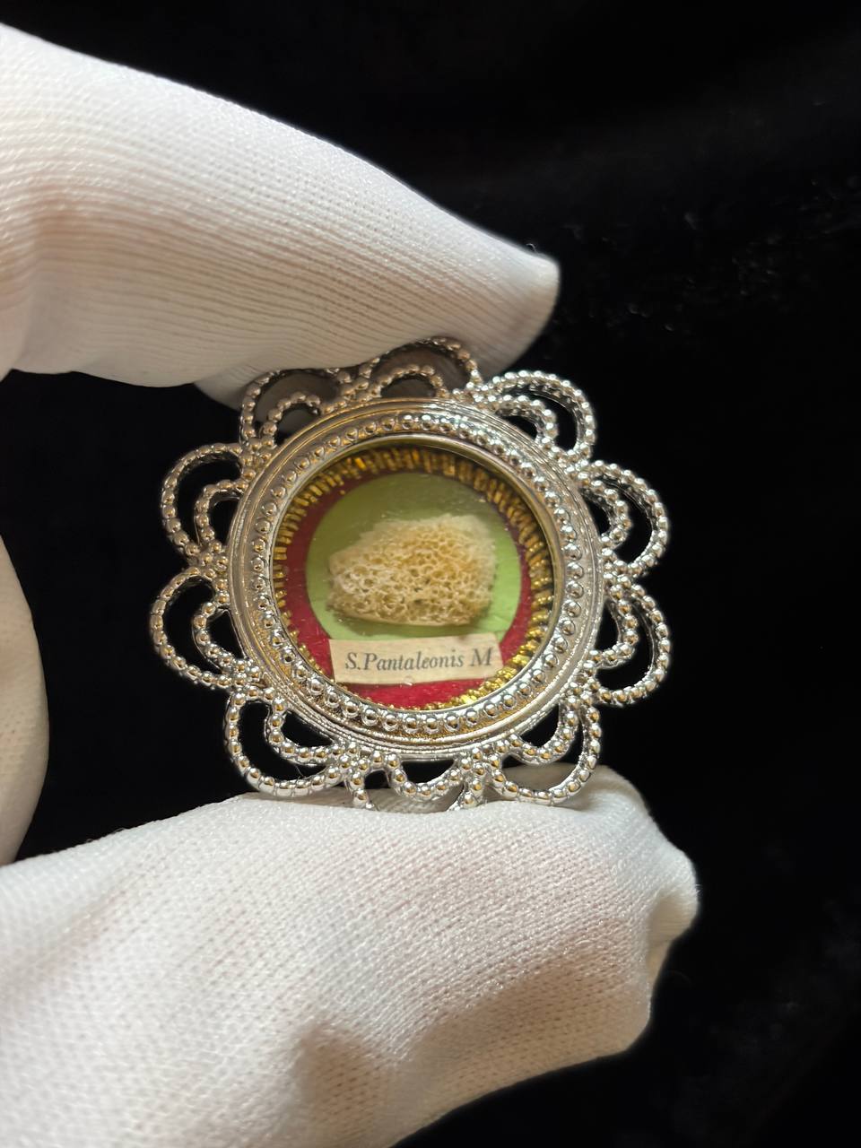 Saint Pantaleon relic in a silver filigree theca, label S. Pantaleonis M., held in a white glove, angled view