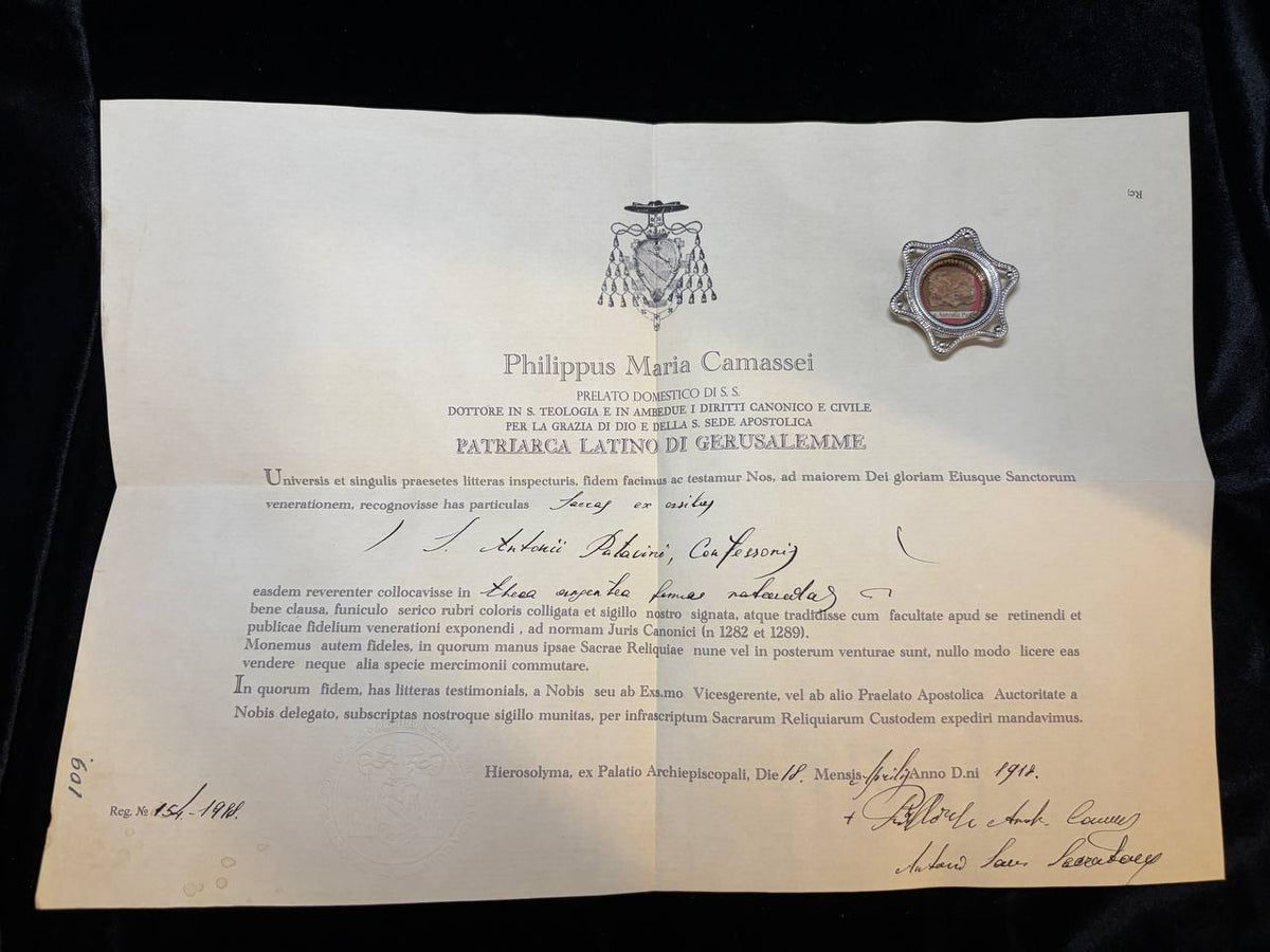 1918 Latin Patriarchate of Jerusalem certificate of Patriarch Philippus Camassei for the Saint Anthony of Padua relic, with the theca