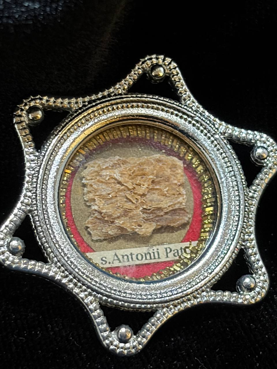 Saint Anthony of Padua relic in a silver star-shaped theca, label S. Antonii Pat., front view