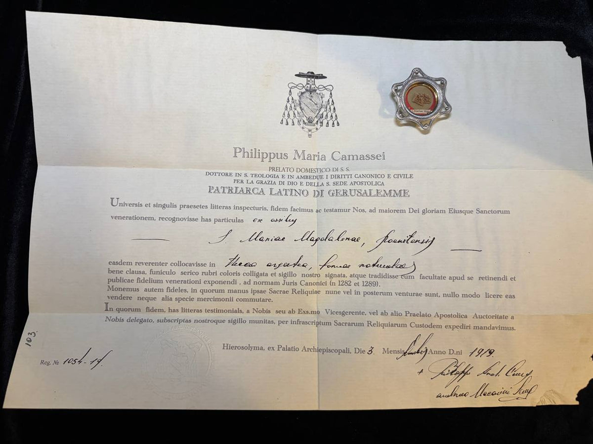 1919 Latin Patriarchate of Jerusalem certificate of Patriarch Philippus Camassei for the Saint Mary Magdalene relic, with the theca