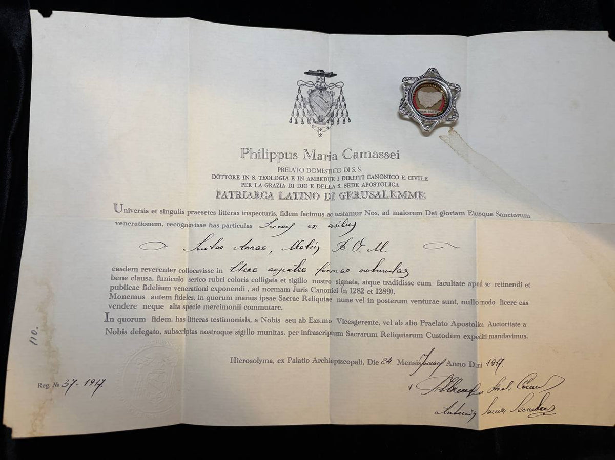 1917 Latin Patriarchate of Jerusalem certificate of Patriarch Philippus Camassei for the Saint Anne relic, with the theca