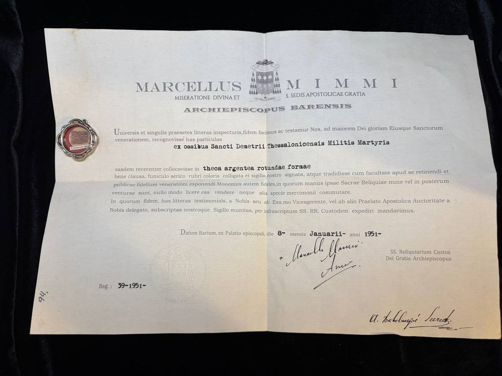 1951 ecclesiastical certificate of Archbishop Marcellus Mimmi of Bari for the Saint Demetrius relic, with the theca