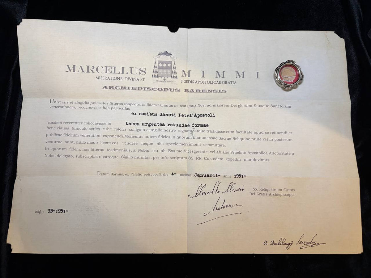 1951 ecclesiastical certificate of Archbishop Marcellus Mimmi of Bari for the Saint Peter relic, with the theca