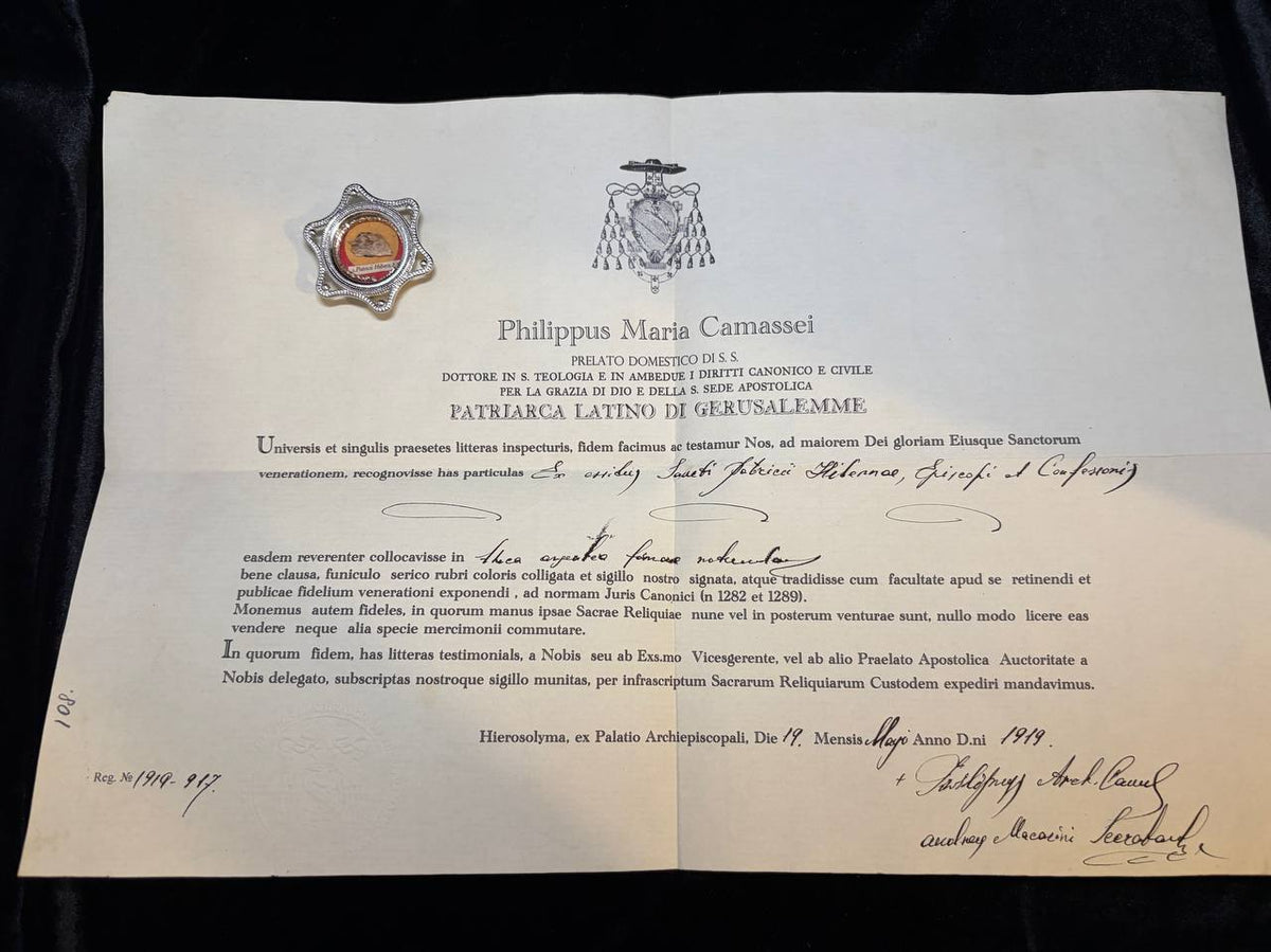 1919 Latin Patriarchate of Jerusalem certificate of Patriarch Philippus Camassei for the Saint Patrick relic, with the theca