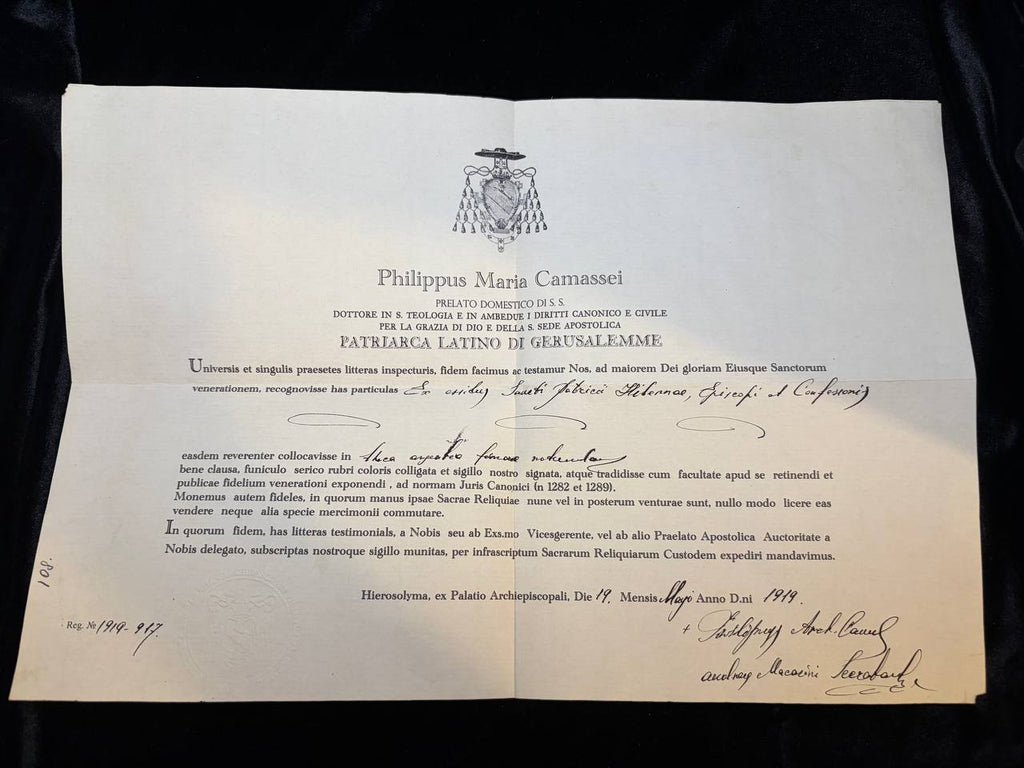 1919 Latin Patriarchate of Jerusalem certificate of Patriarch Philippus Camassei for the Saint Patrick relic, full document