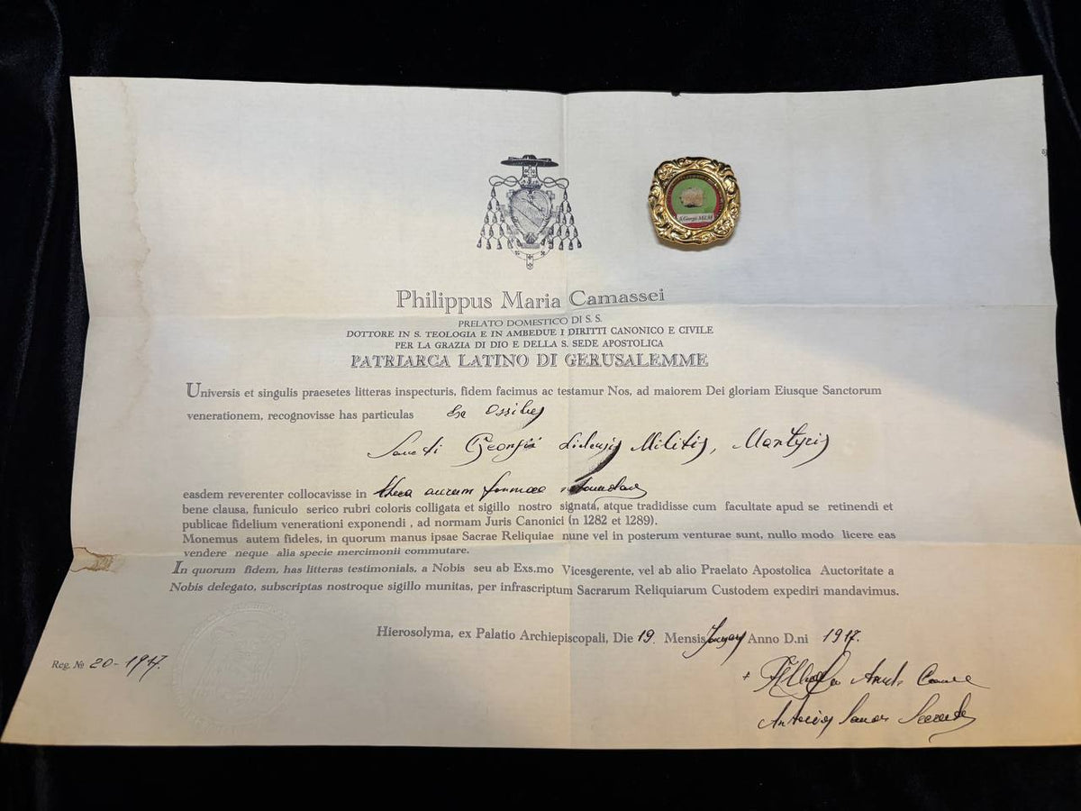 1917 Latin Patriarchate of Jerusalem certificate of Patriarch Philippus Camassei for the Saint George relic, with the theca