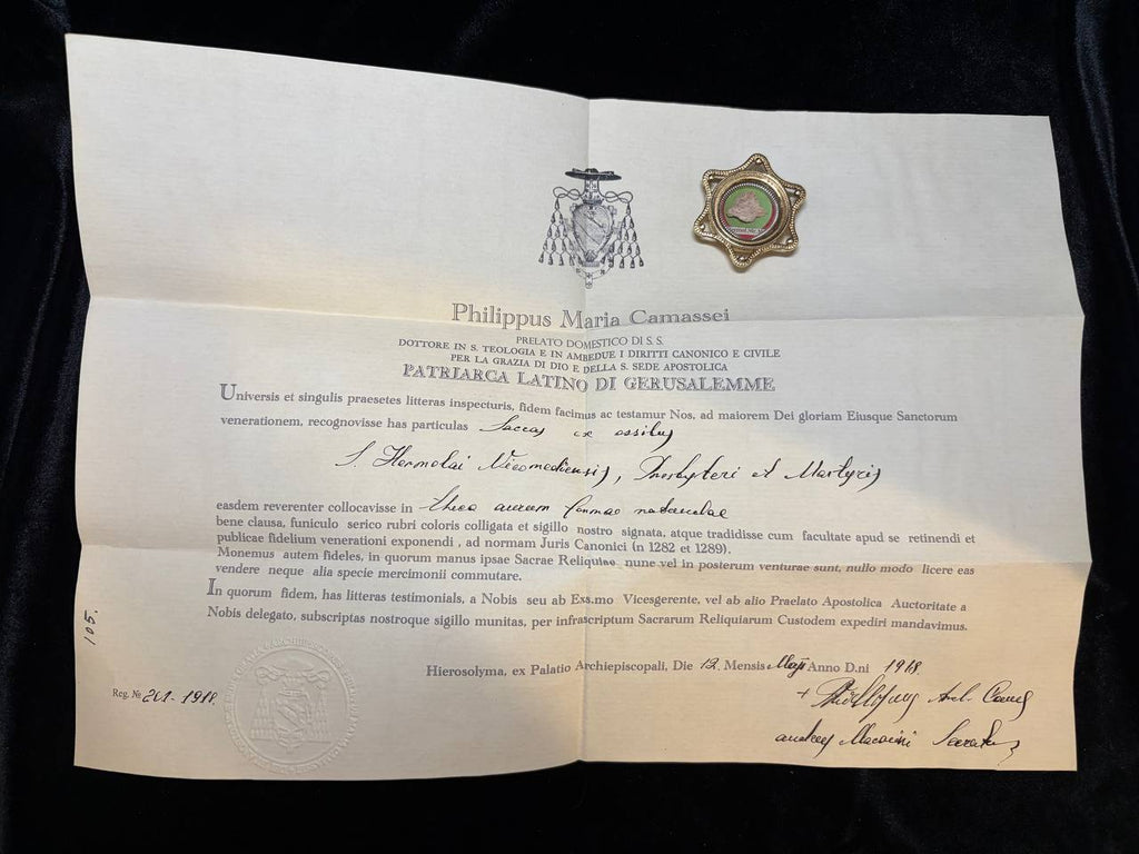 1918 Latin Patriarchate of Jerusalem certificate of Patriarch Philippus Camassei for the Saint Hermolaus relic, with the theca