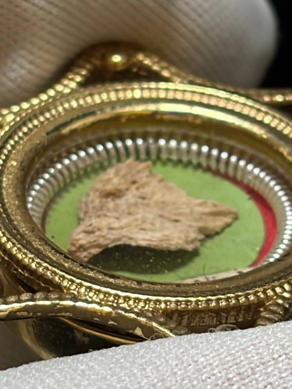 Side view of the Saint Hermolaus relic fragment behind glass