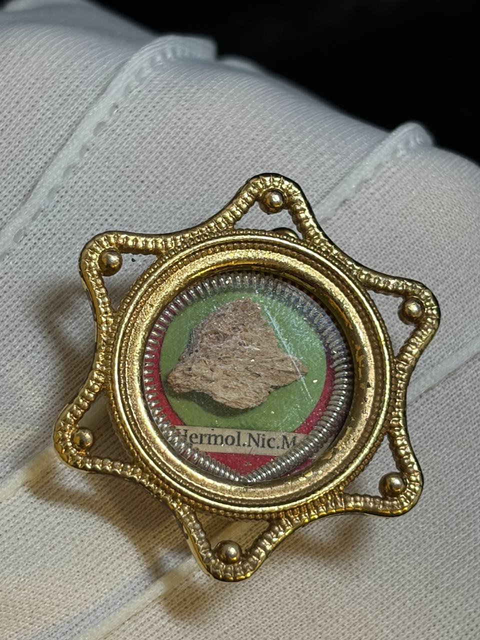 Saint Hermolaus of Nicomedia relic theca, front view on a white glove