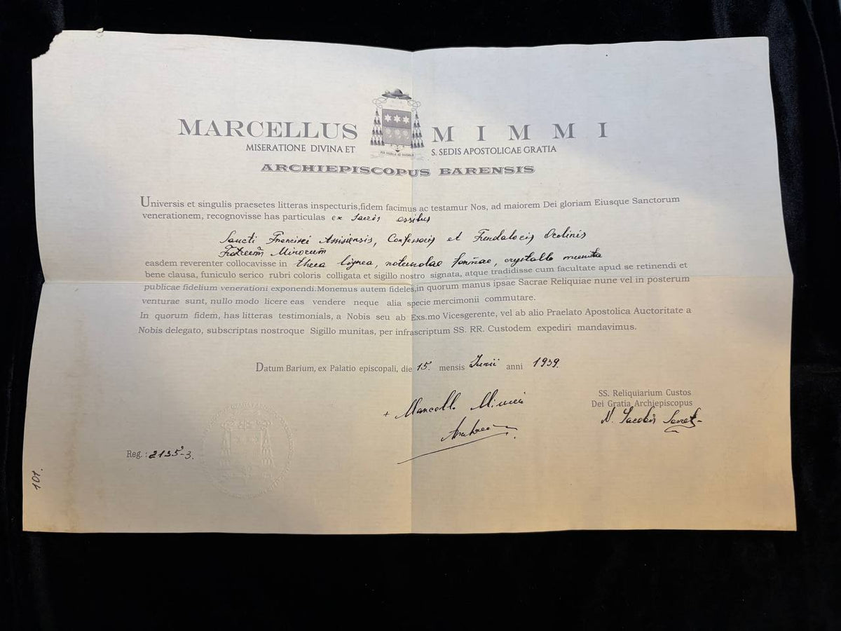Full view of the 1959 Bari certificate for the Saint Francis of Assisi relic