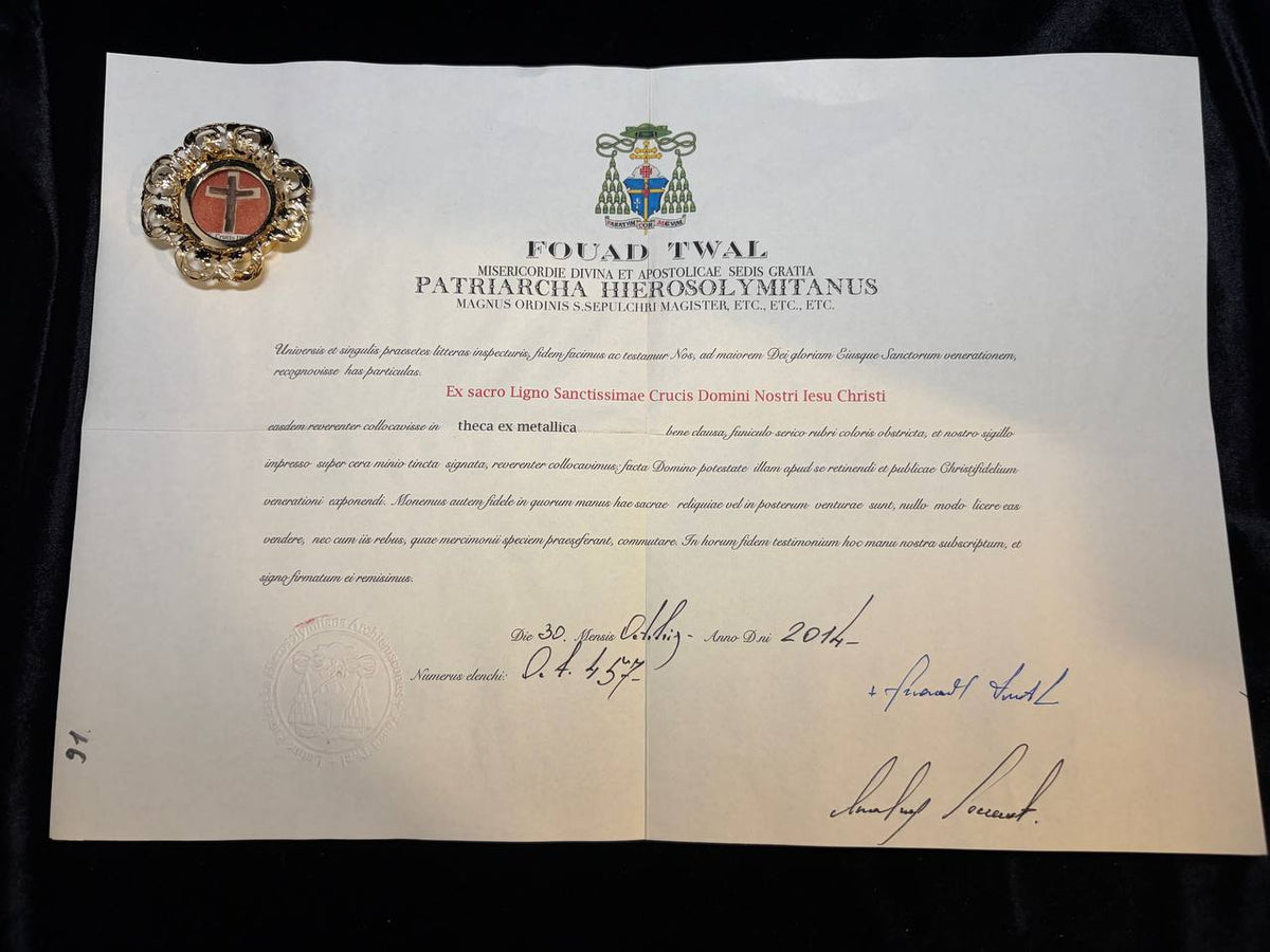 2014 Latin Patriarchate of Jerusalem certificate of Patriarch Fouad Twal for the True Cross relic, with the theca