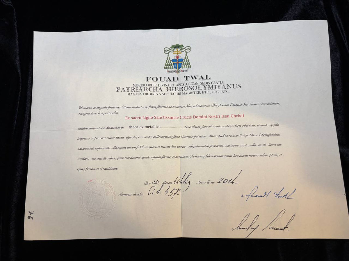 Full view of the 2014 Jerusalem certificate for the True Cross relic