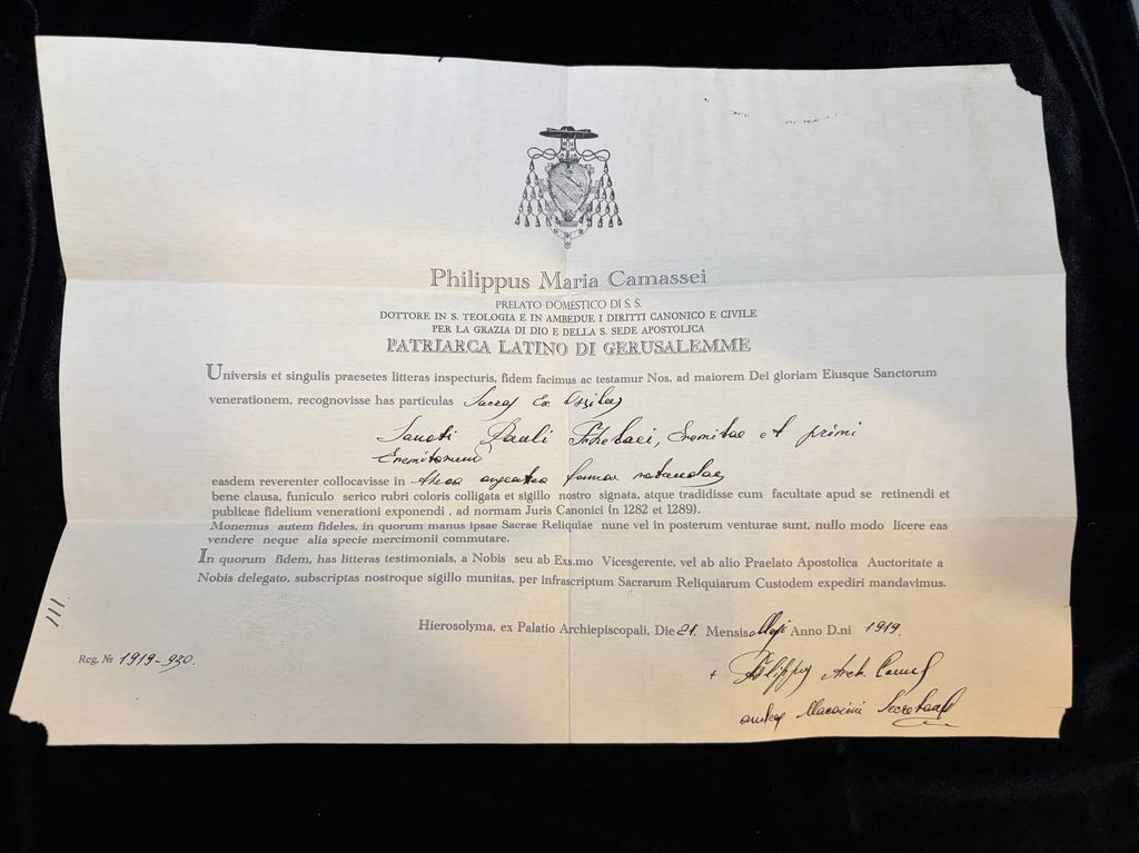 Full view of the 1919 Jerusalem certificate for the Saint Paul of Thebes relic