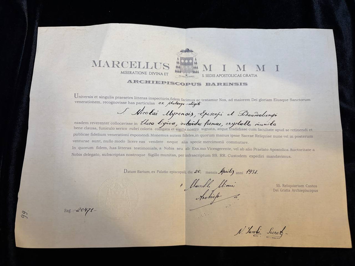 Full view of the 1938 Bari certificate for the Saint Nicholas of Myra relic