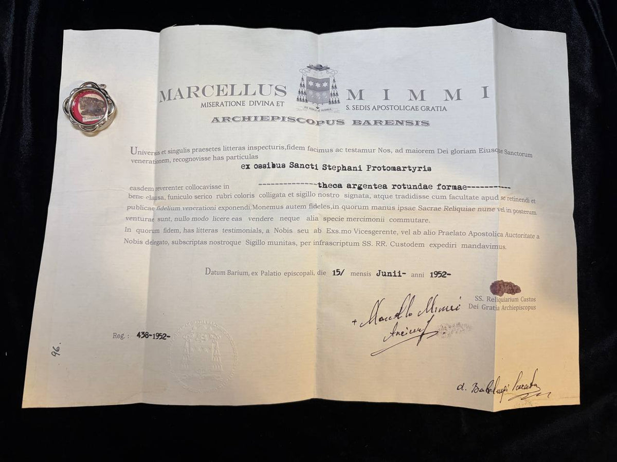 1952 ecclesiastical certificate of Archbishop Marcellus Mimmi of Bari for the relic of Saint Stephen the Protomartyr, with the theca